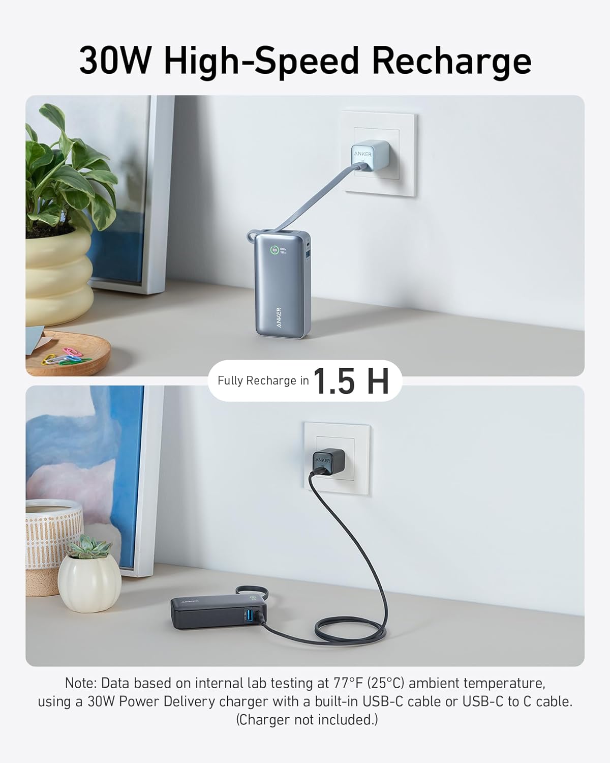 شاحن متنقل بسعة 10000 مللي أمبير وقوة 30 واط مع كابل USB-C مدمج | أسود شاحن متنقل بسعة 10000 مللي أمبير وقوة 30 واط مع كابل USB-C مدمج | أسود